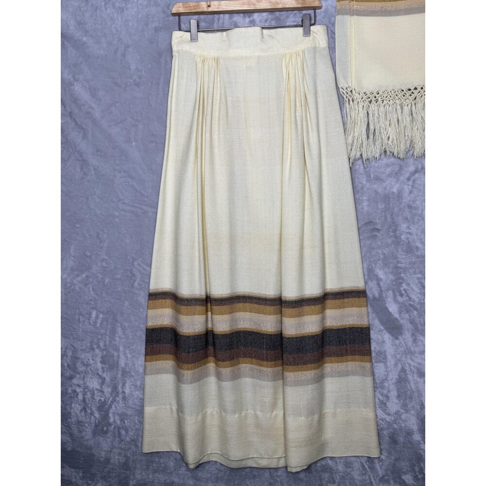 Vintage Boho Skirt Womens S Striped Maxi Long Fringe Shawl Pleated Two Piece 70s - Picture 3 of 6